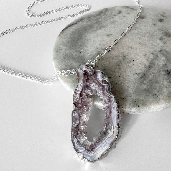 NEW Artisan Lavender Quartz Stone Slice Pendant on Sterling Silver Chain - Picture 13 of 13